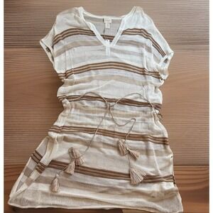 NWT Chicos Boho Sz 2 Medium Open Knit Striped Tassel Waist Belt Cover Up Dress